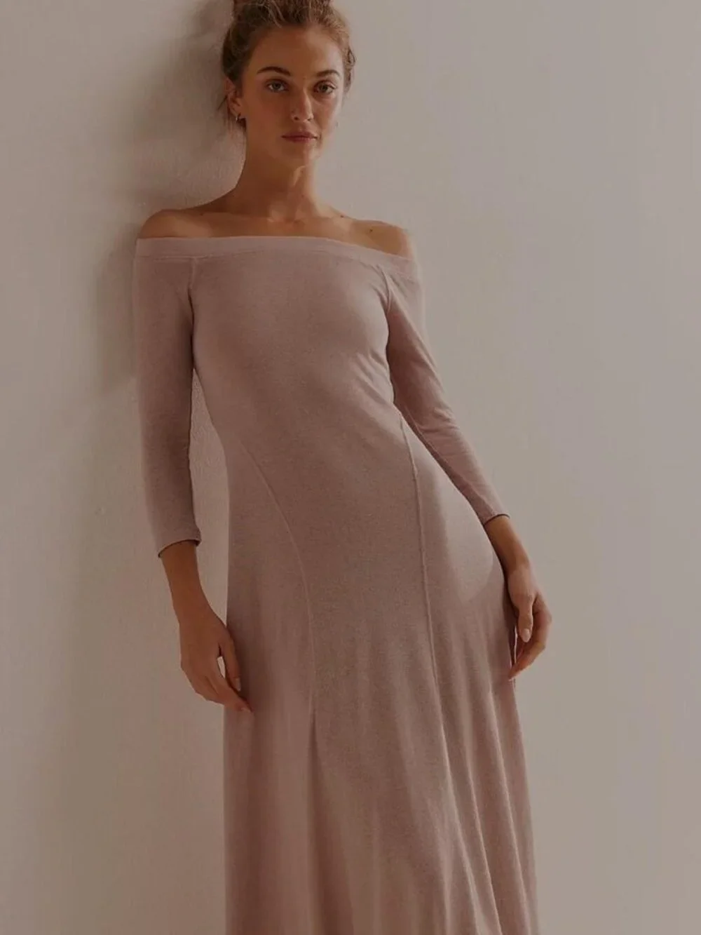 NWT Free People Carrie Midi Dress in Cashmere Gray Cotton Boho Off Shoulder Sz S